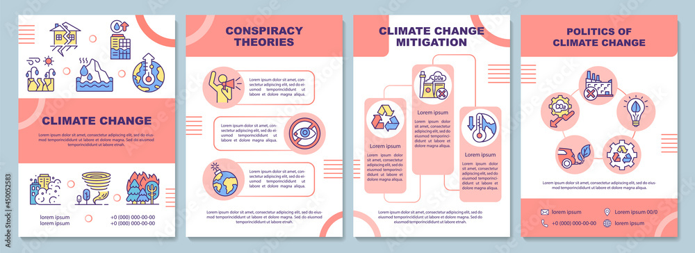 Naklejka premium Climate change brochure template. Conspiracy theory and mitigation. Flyer, booklet, leaflet print, cover design with linear icons. Vector layouts for presentation, annual reports, advertisement pages
