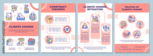 Climate change brochure template. Conspiracy theory and mitigation. Flyer, booklet, leaflet print, cover design with linear icons. Vector layouts for presentation, annual reports, advertisement pages