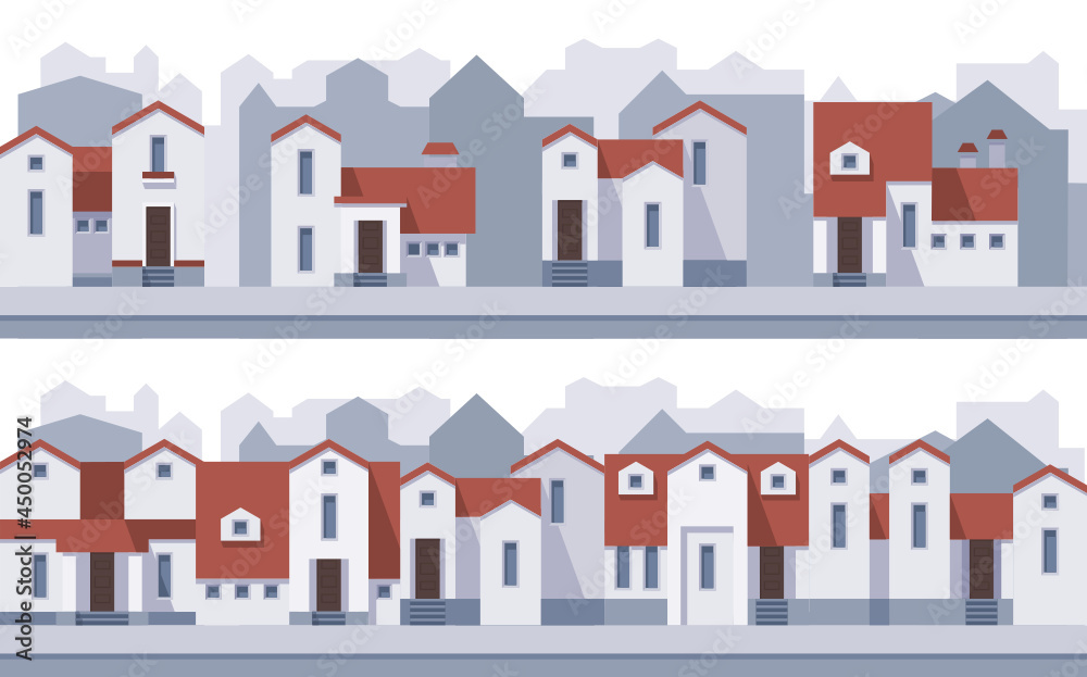 Vector two horizontal seamless patterns. Street with grey and red houses. Vector two horizontal seamless patterns. Street with grey and red houses.