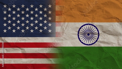 India and United States America Flags Together, Crumpled Paper Effect Background 3D Illustration