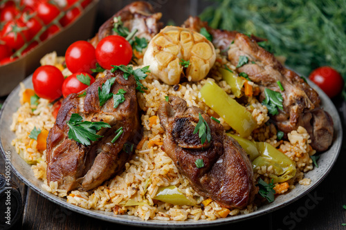 Traditional Pilaf With Lamb Meat, Spices And Vegetables. Close Up.