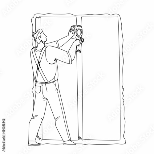 Drywall Installer Making Wall Renovation Black Line Pencil Drawing Vector. Builder Working And Finish Install Drywall. Character Construction Worker Building Professional Occupation Illustration