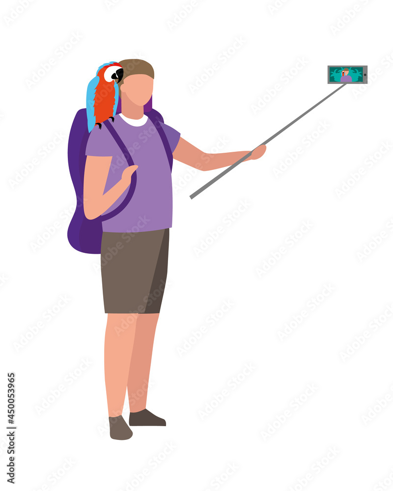 Travel blogger with parrot on shoulder semi flat color vector character. Full body person on white. Traveling across globe isolated modern cartoon style illustration for graphic design and animation Travel blogger with parrot on shoulder semi flat color vector character. Full body person on white. Traveling across globe isolated modern cartoon style illustration for graphic design and animation