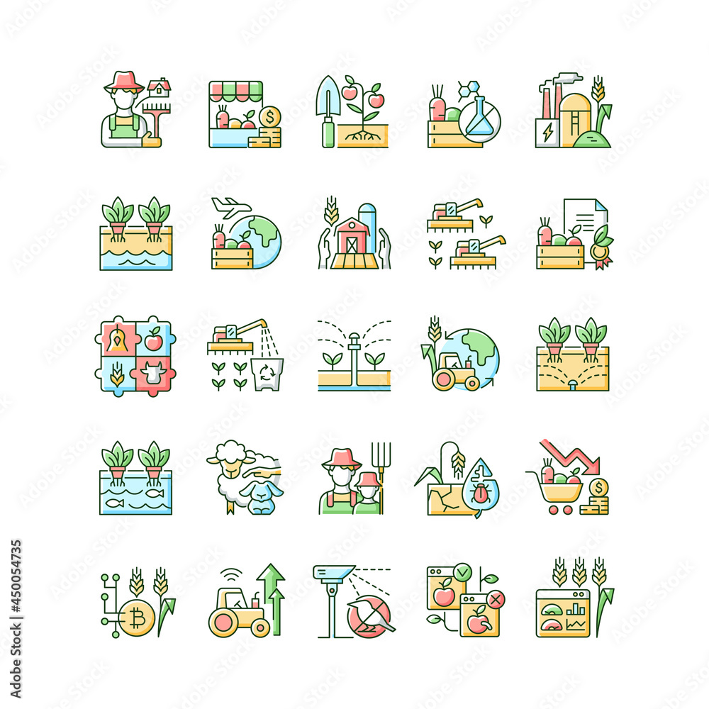 Agriculture related RGB color icons set. Growing vegetables and fruits, Agricultural technologies. Farming management. Isolated vector illustrations. Simple filled line drawings collection