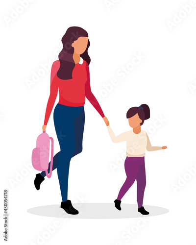 Mom and daughter going to school semi flat color vector characters. Full body people on white. First day at primary school isolated modern cartoon style illustration for graphic design and animation