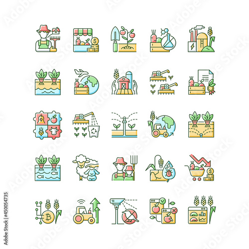 Agriculture related RGB color icons set. Growing vegetables and fruits, Agricultural technologies. Farming management. Isolated vector illustrations. Simple filled line drawings collection