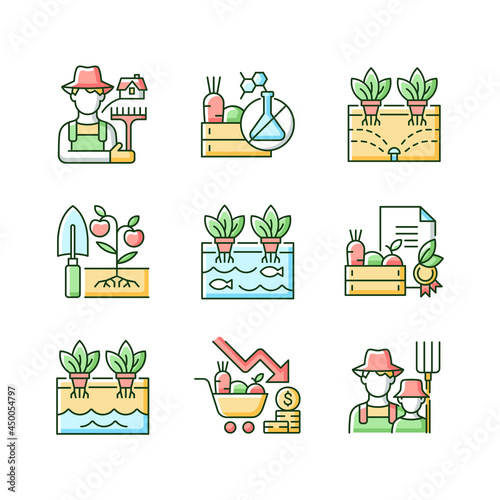 Farming RGB color icons set. Agricultural business. Rural area. Crop quality control. Innovative farm systems. Organic products. Isolated vector illustrations. Simple filled line drawings collection