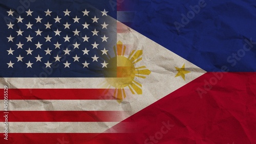 Philippines and United States America Flags Together, Crumpled Paper Effect Background 3D Illustration