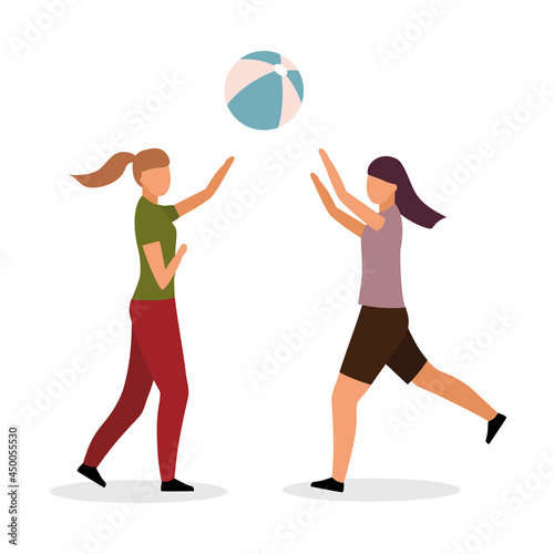 Girls playing volleyball semi flat color vector characters. Full body people on white. Outdoor activity. Beach court game isolated modern cartoon style illustration for graphic design and animation