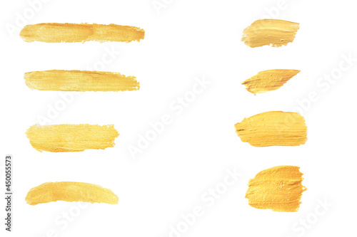 Gold paint stroke set. Gold brush abstract art illustration. Gold glittering design art brush stroke.
creative set yellow paint isolated collection. Design golden stroke effect brush color painting.