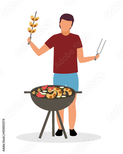 Guy arranging backyard barbecue semi flat color vector character. Posing figure. Full body person on white. Outdoor cooking isolated modern cartoon style illustration for graphic design and animation