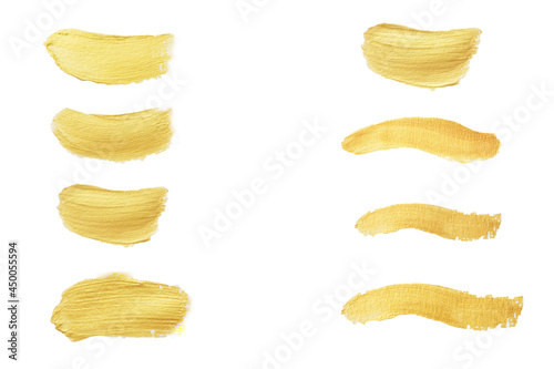 Gold paint stroke set. Gold brush abstract art illustration. Gold glittering design art brush stroke.
creative set yellow paint isolated collection. Design golden stroke effect brush color painting.