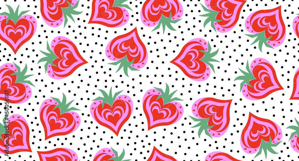 Seamless pattern with strawberry hearts. Strawberry background with points. Summer strawberry hearts. Vector illustration. Seamless pattern with strawberry hearts. Strawberry background with points. Summer strawberry hearts. Vector illustration.
