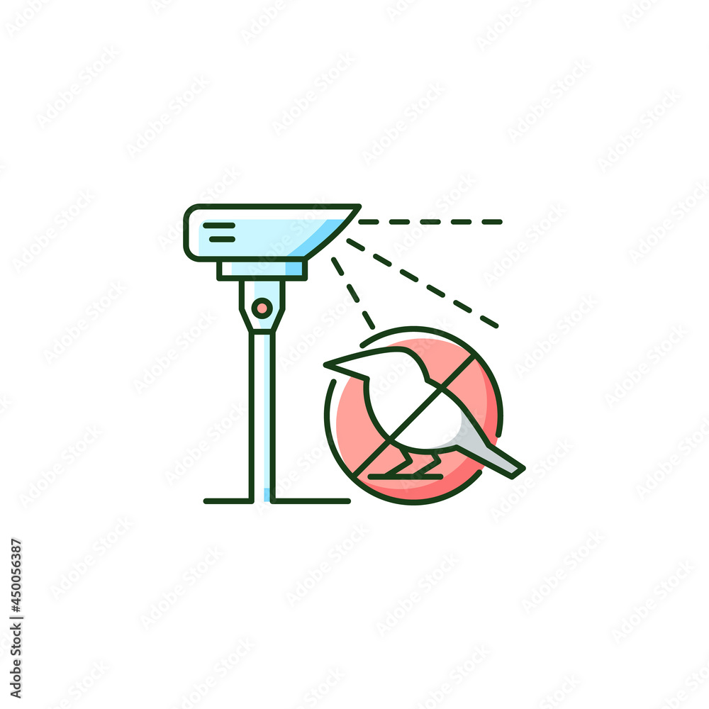 Laser scarecrows RGB color icon. Modern device that scares off birds. Reduce pest damage. Automated laser targeting on bird. Isolated vector illustration. Simple filled line drawing Laser scarecrows RGB color icon. Modern device that scares off birds. Reduce pest damage. Automated laser targeting on bird. Isolated vector illustration. Simple filled line drawing