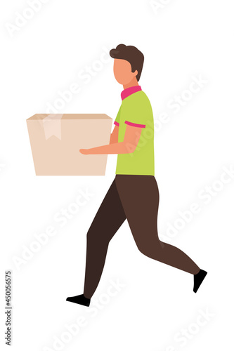 Man carries cardboard box semi flat color vector character. Walking figure. Full body person on white. Hand delivery isolated modern cartoon style illustration for graphic design and animation