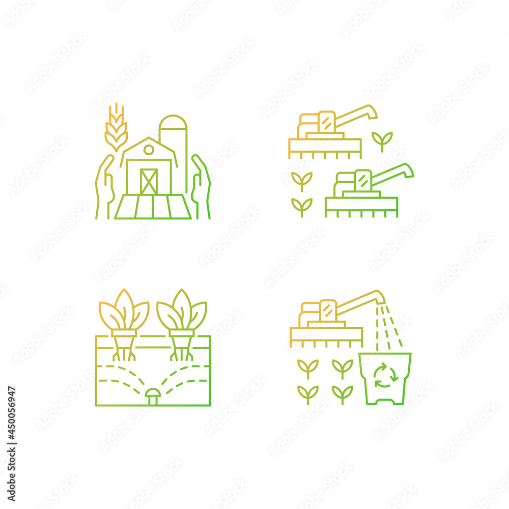 Agriculture and farming gradient linear vector icons set. Ecological innovation and technology in farm business. Thin line contour symbols bundle. Isolated vector outline illustrations collection