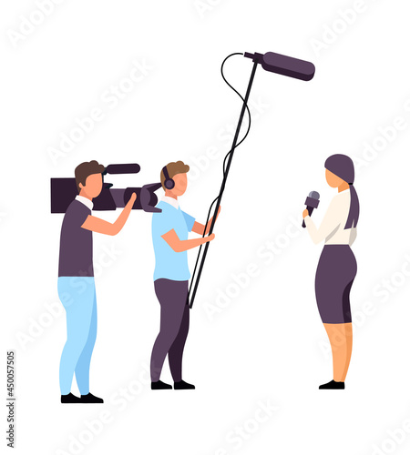 Female correspondent with camera crew with semi flat color vector characters. Full body people on white. Live broadcast isolated modern cartoon style illustration for graphic design and animation