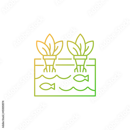 Aquaponics gradient linear vector icon. Aquaculture plus hydroponics. Innovative ecosystem. Greenhouse plantation. Thin line color symbols. Modern style pictogram. Vector isolated outline drawing