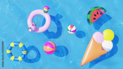 Summer illustration with inflatable circles and beach balls on blue water background. 3d rendering