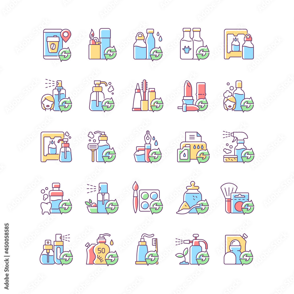 Refill options RGB color icons set. Eco friendly package. Reusable products to reduce carbon print on environment. Isolated vector illustrations. Simple filled line drawings collection