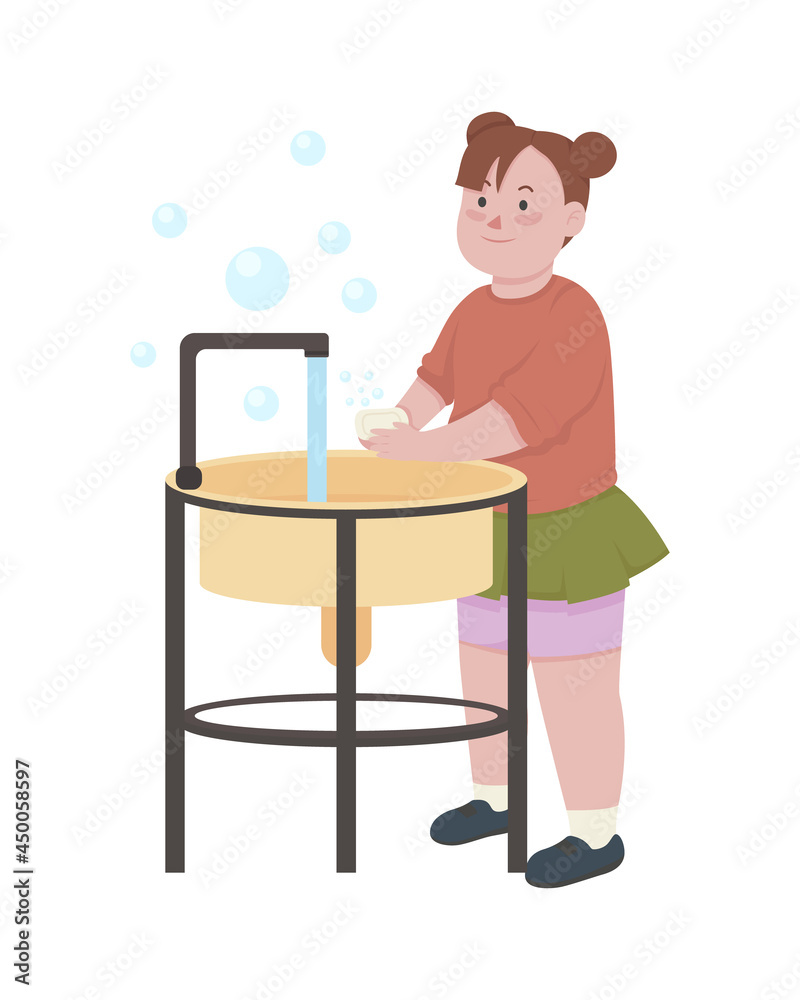Girl rubbing soap with hands semi flat color vector character. Full body person on white. Practicing hand hygiene isolated modern cartoon style illustration for graphic design and animation Girl rubbing soap with hands semi flat color vector character. Full body person on white. Practicing hand hygiene isolated modern cartoon style illustration for graphic design and animation