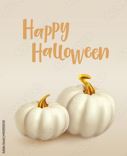 Happy Halloween poster. White pumpkin with gold on beige background with text Happy Halloween. Trendy pumpkins for your design.