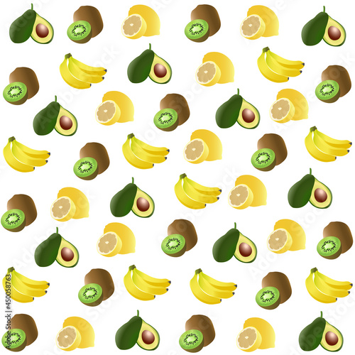 Vector seamless pattern with tropical fruits:kiwi fruit,banana,lemon and avocado.  