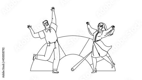 Good Credit Score Celebrate Man And Woman Black Line Pencil Drawing Vector. Businessman And Businesswoman Dancing And Celebrating Good Credit Score. Characters Family Couple Finance Illustration