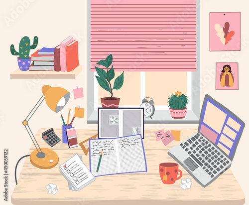 Desk of student. Open textbook, notebook with notes, ruler, calculator, laptop, lamp on the table. Bookshelf with books on the wall. Window with jalousie in the background. Vector illustration.