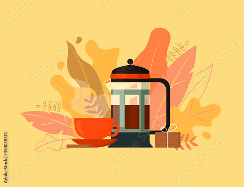 Illustration of autumn tea with cookies on a background of leaves
