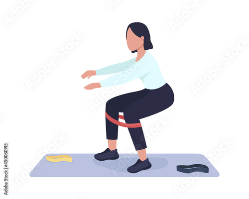 Woman doing squat exercise semi flat color vector character. Full body person on white. Workout with resistance band isolated modern cartoon style illustration for graphic design and animation