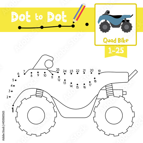 Dot to dot educational game and Coloring book Quad Bike cartoon character side view vector illustration