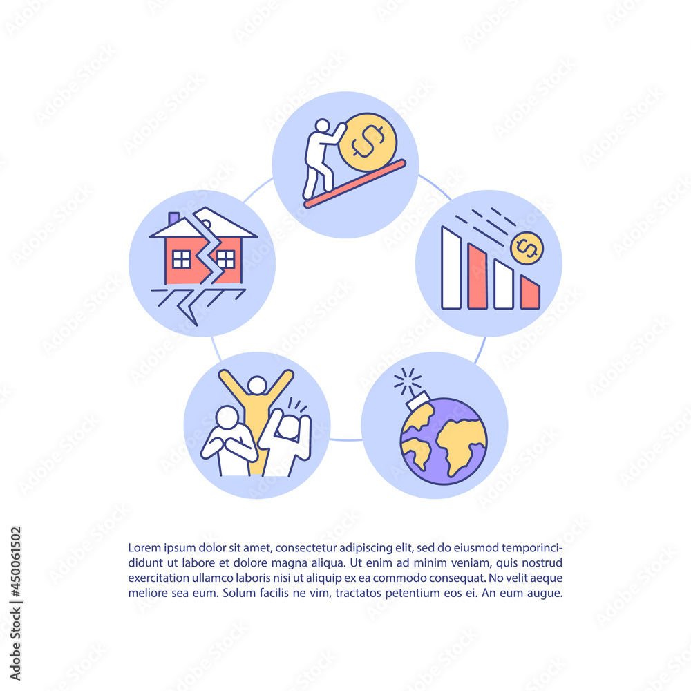 Crisis denial concept line icons with text. PPT page vector template with copy space. Brochure, magazine, newsletter design element. Schism and earth disruption threats linear illustrations on white