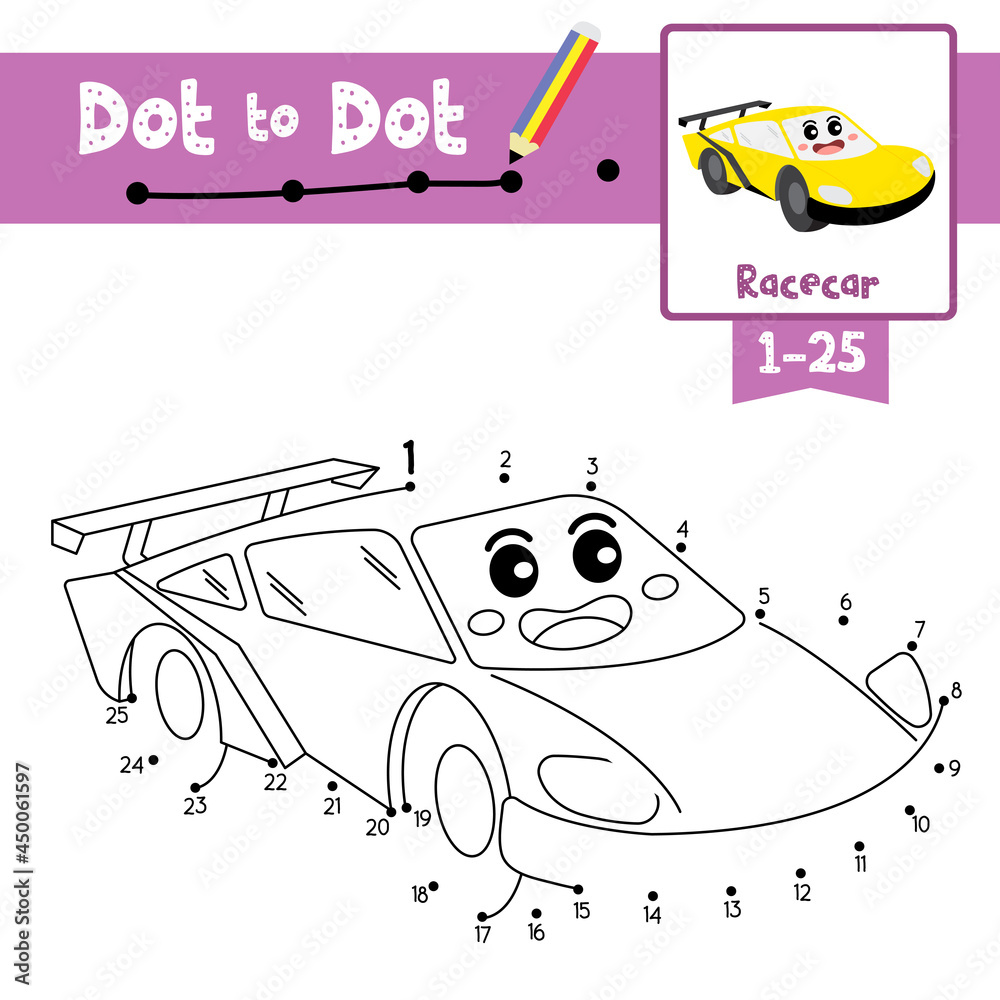 Dot to dot educational game and Coloring book Racecar cartoon character ...