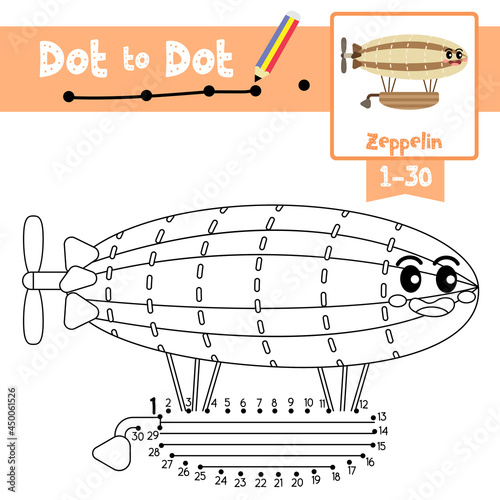 Dot to dot educational game and Coloring book Zeppelin cartoon character side view vector illustration