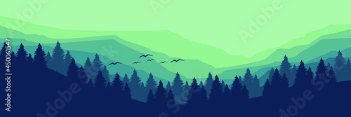 morning view mountain landscape vector illustration good for wallpaper, background, backdrop, design template, tourism template, and web banner