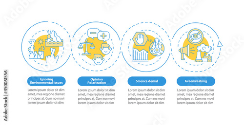 Ignoring environmental vector infographic template. Science denial presentation outline design elements. Data visualization with 4 steps. Process timeline info chart. Workflow layout with line icons