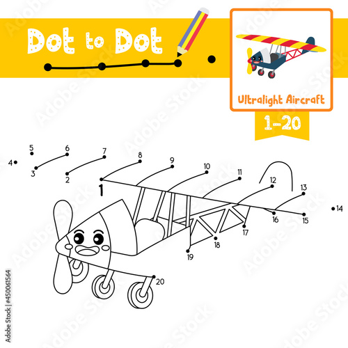 Dot to dot educational game and Coloring book Ultralight Aircraft cartoon character perspective view vector illustration