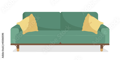 Green sofa with pillows semi flat color vector object. Full sized item on white. Furniture for living room. House interior isolated modern cartoon style illustration for graphic design and animation