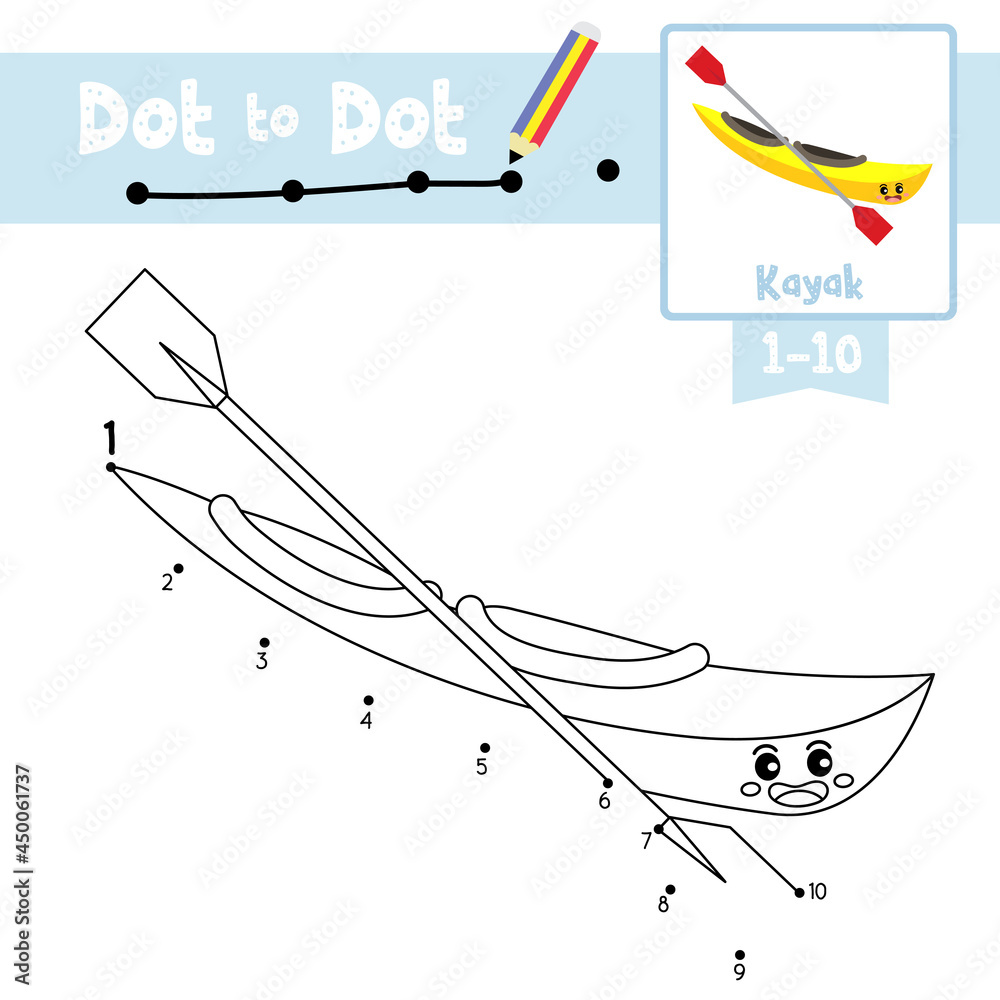 Dot to dot educational game and Coloring book Kayak cartoon character