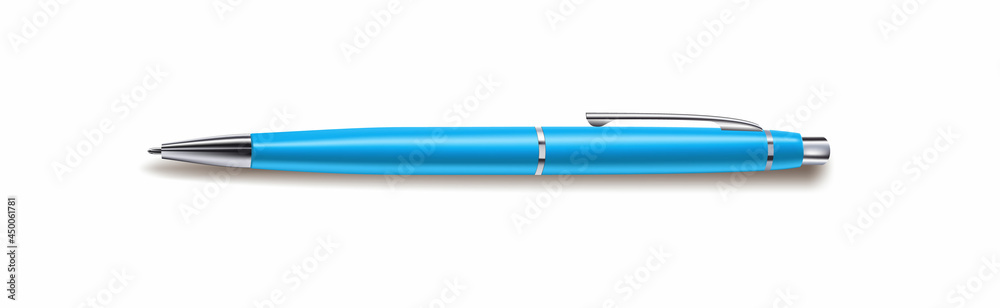 A blue automatic ballpoint pen lying on the surface. Realistic isolated vector in the flat lay style. Subject. Clipart A blue automatic ballpoint pen lying on the surface. Realistic isolated vector in the flat lay style. Subject. Clipart