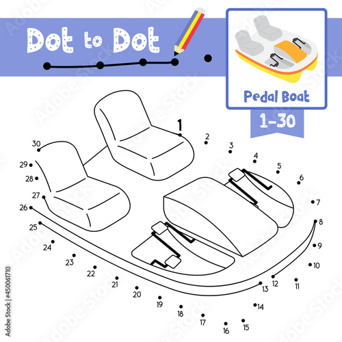 Dot to dot educational game and Coloring book Pedal Boat cartoon character perspective view vector illustration