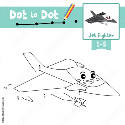 Dot to dot educational game and Coloring book Jet Fighter cartoon character perspective view vector illustration