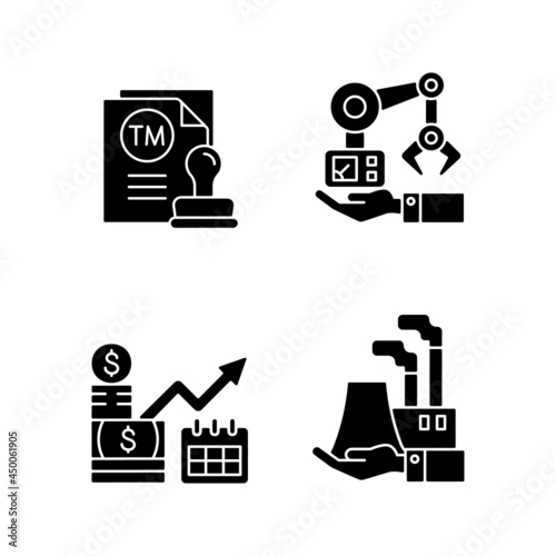 Long term business investments black glyph icons set on white space. Machinery owning and plants ownership. Mechanical system. Trademark. Own branding. Silhouette symbols. Vector isolated illustration