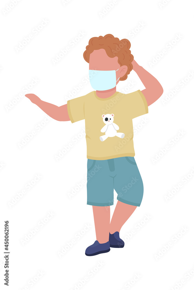 Absent-minded child with face mask semi flat color vector character. Full body person on white. Forgetful male kid isolated modern cartoon style illustration for graphic design and animation