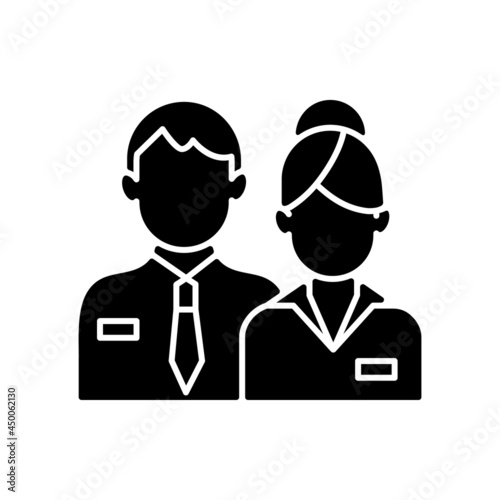Company staff black glyph icon. Congressman couple. Man and woman in uniform. Official business representatives. Secret agents. Silhouette symbol on white space. Vector isolated illustration