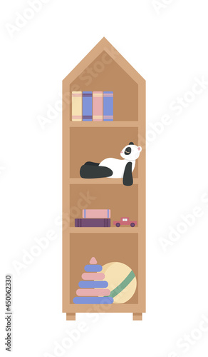Furniture for toys storage semi flat color vector object. Full sized item on white. Books on shelf. Children room decorating isolated modern cartoon style illustration for graphic design and animation