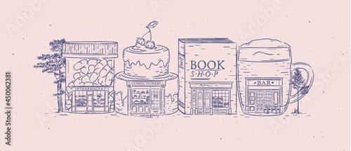 Set of storefronts pharmacy, confectionery, book shop, bar drawing with blue color