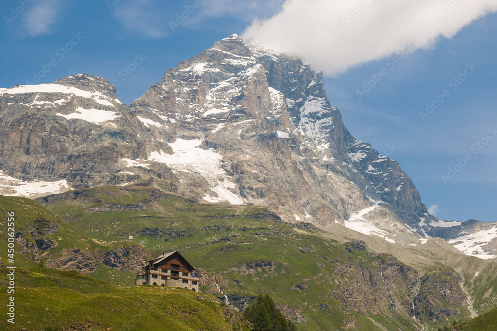 View of Breuil-Cervinia, the town of the Aosta Valley at the foot of the Matterhorn in the summer season