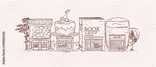 Set of storefronts pharmacy, confectionery, book shop, bar drawing with brown color